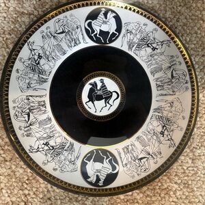 Greek-Inspired Decorative Plate with Black, White & Gold Motif